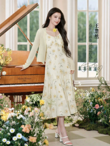 XIANGYING | Rose Pattern Cardigan and Slip Dress Set for Women