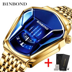 BINBOND Fashion Luxury Unique Military Motorcycle Stainless Steel Business Sports Mens Golden Watch Style Concept With Box