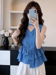 Shalldoer | Korean Style Gentle V-neck Halter Waist-cinching Shirt and Wide Leg Pants Suit