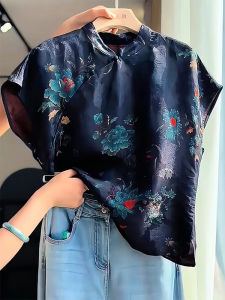 QINGNAER | Plus Size New Style Summer Traditional Chinese Cheongsam Neck Knot Short Sleeve Shirt