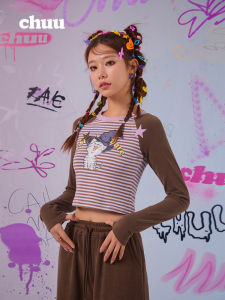 Chuu Winter 2023 Womens Long Sleeve T-Shirt Letter Cartoon Print Base Layer Shirt Commute Style round Neck Short Length Slim Fit