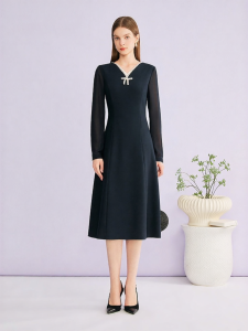 Elegant Color-blocked Beaded Bow V-neck Waist-tightening Dress