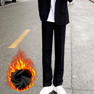 Fall Winter Mens Loose Straight Leg Casual Suit Pants High Waist Straight Cut Anti-Wrinkle Thickened Fleece Black Long Trousers