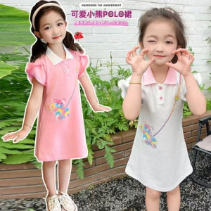 Princess Style Bear Print Dress Girls Summer Fashion College Wind Polo Short Sleeve mid High Waist Lace Fabric a Line Skirt