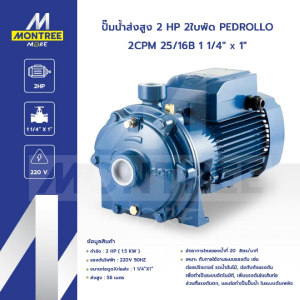 PEDROLLO ปั๊มน้ำส่งสูง 2 HP 2ใบพัด รุ่น 2CPM 25/16B 1 1/4" x 1" หอยโข่ง ไฟฟ้า จำหน่ายโดย Montree More