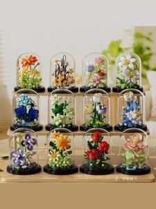 Rose ดอกไม้บล็อกอาคาร Eternal การศึกษาประกอบของเล่นดอกทานตะวันสดกระถางต้นไม้ตกแต่งชิ้นของขวัญผู้หญิง