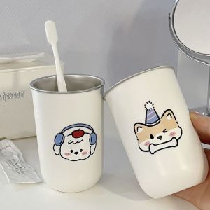 White Stainless Steel 304 Cute Cartoon Bear Puppy Couple Childrens Mouthwash Cup Toothbrush Wash Cup Tooth Mug