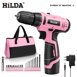 HILDA 12V Mini Electric Drill 25+1 Torque Cordless Drill Mini Wireless Power Tools Pink Drill Polishing Grinding Machine