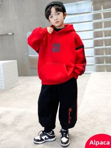 ชุดเสื้อสเวตเตอร์บุขนแกะหนาสำหรับเด็กชาย ชุดฤดูหนาว ชุดเด็กฤดูใบไม้ร่วง/ฤดูหนาว สีแดง ชุดปีใหม่ ชุดเด็ก ชุดลำลอง ชุดเด็กชาย