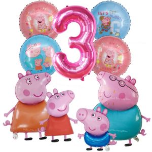 Hasbro | 9pcs Peppa Pig Foil Balloon Set Pink Numbers Birthday Party Decoration Cartoon Family Balloons for Childrens Events Baby Gifts