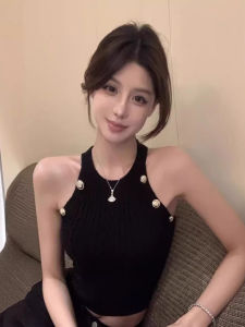 Áo Ba Lỗ Dệt Kim Cổ Treo Không Tay Cho Nữ Mùa Hè 2025 Thiết Kế Cao Cấp Áo Lót Bên Trong Áo Khoác Ngoài Áo Sơ Mi Dài Tay Màu Trơn