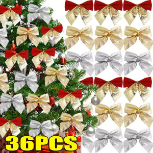 【Hibeautylife】12/36PCS Christmas Bow Decor Mini Xmas Tree Red Gold Silver Bowknot Pendant Ornaments DIY Home New Year Party Decoration Supply