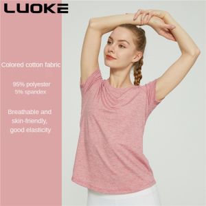 Luoke New Yoga Top with Short Sleeves and Curved Hem for Womens Running Sports and Fitness Wear. Loose and Casual T-shirt Base