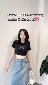 Áo Thun Croptop Nữ In Hình Nơ Chữ Nhật Form Ôm Body Dễ Thương