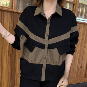 Fashion Patchwork Contrast Color Lapels Shirt Female 2024 Autumn New Mothers Clothes Easiest for Match Loose Casual Long Sleeves Tops