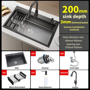 🔥【with Faucet】JARD Sink Kitchen Stainless Steel With Stand Nano water tank Household Large Single-slot sink Dapur bowl Under Counter 洗碗盆 带沥水架