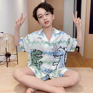 miiow | Ice Silk Short Sleeve Childrens Sleepwear Set Breathable Cool Feeling Home Clothes For Boys And Girls Suitable For Summer