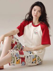 Pure Cotton Short Sleeve Sleepwear Womens Spring Summer New Style TUCANO Home Clothes Seven-Foot Pants round Neck Print