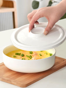 White Ceramic Steamed Egg Soup Bowl with Lid Bone China Rice Steaming Dish round Shape Chinese Style Cooking Utensil Home Use