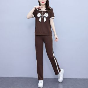 ชุดกีฬาลำลองไซส์ใหญ่สำหรับผู้หญิง ชุดสองชิ้นแขนสั้นฤดูร้อน ทรงสลิมฟิต ปกปิดเนื้อผ้า แฟชั่น ชุดกีฬาลำลอง