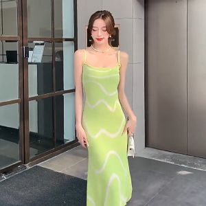 CORE🌟 Summer Striped Suspender Dress Korean Womens Knitted Long Dress