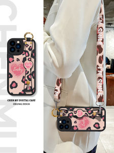 Womens New Style Soft Silicone Apple 17 Phone Case with Strap Crossbody Neck Hang Glowing Heart Leopard Print Full Cover Protection