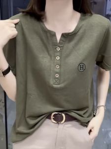 V-Neck Short Sleeve T-Shirt Womens Summer New Style plus Size Casual Mom Belly Cover Slimming Fashion Versatile Ladies Base Top