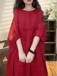 Zi Mo Qinghe ~ Artsy Retro Red Ramie Dress Womens Large Swing Mori Style Girls Dress Loose Cotton and Linen Dress