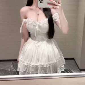 CHANGTONG | French Off-Shoulder Cinched Flared Strappy Dress