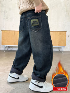 Thickened Fleece Winter Jeans for Boys Warm Long Pants Overall Velvet Loose Fit Cotton Trousers for Middle And Large Children