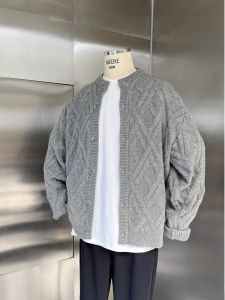 Grey Diamond Twist Knitted Open Cardigan Mens Winter Solid Color round Neck Loose Casual Trendy Sweater Jacket