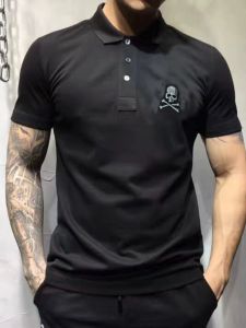 Mens Fashion Casual Short Sleeve T-Shirt Polo Shirt Skull Design Rhinestone Embellished Turn-down Collar Breathable Cotton