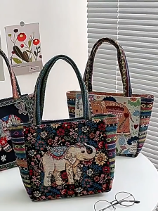 YOOXI 【สต็อกท้องถิ่น】กระเป๋ามือสไตล์เชื้อชาติสัตว์กระเป๋าเย็บปักถักร้อยช้างที่ทันสมัยกระเป๋าช้อปปิ้งแม่ กระเป๋าไหล่ผ้าใบกระต่ายผู้หญิง