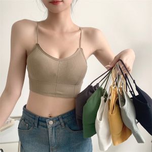 Summer Comfortable Short Womens Vest Cross Strap Backless Tank Top with Chest Pad Breathable Korean Style Nylon Fabric