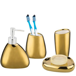 Gold Bathroom Accessory 4 Piece Set with Soap Dispenser Mouthwash Cup Toothbrush Holder And  Bathroom Gift