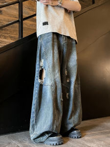 กางเกงยีนส์ทรงหลวมสไตล์ฮิปฮอปสำหรับผู้ชาย ทรงหลวม ทรงขาบาน ทรงยาวถึงพื้น สไตล์สตรีท ทรงหลวม กางเกงยีนส์ขาด