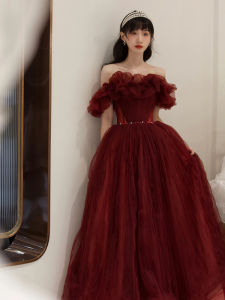 Female Formal Evening Dress Pure Color Elegant Wedding Gown for Bride Vintage Dinner Ninang Dresses for Women