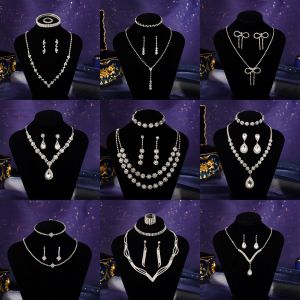 European and American Fashion Bridal Wedding Necklace Earrings Set Sparkling Rhinestone Jewelry Bracelet Rings Set For Women