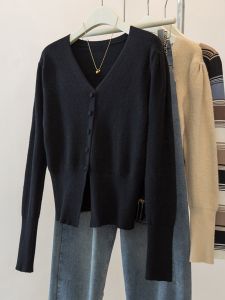 Black V-Neck Knitted Open Cardigan Womens Fashion Slimming Long Sleeve Top Single Button Design Autumn New Style Commute Wind