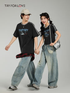 Couple Matching Short Sleeve T-Shirts Mens Womens Versatile Streetwear Summer New Arrival Print Splicing Casual Love Theme