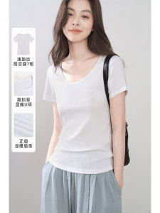 เสื้อยืดคอวีแขนสั้นทรงสลิมฟิตสำหรับผู้หญิง ฤดูร้อน 2025 ทรงเข้ารูป เสื้อเชิ้ตแขนสั้นลายสก็อตสีขาว ทรงเข้ารูป แขนสั้น เอวสูง ทรงเข้ารูป