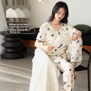 Bộ đồ ngủ nữ MiiOW bằng lụa dài tay cổ tròn in hoa thoáng khí - mùa hè