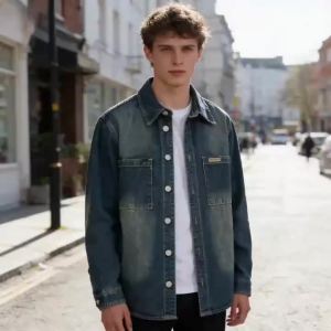Áo Sơ Mi Denim Nam Kiểu Mỹ Cổ Điển Chất Liệu Mỏng Không Co Giãn Dáng Rộng Cổ Điển Cài Khuy Đơn Cổ Trụ.