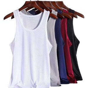 เสื้อกั๊กแขนกุดผ้าไหมน้ำแข็งฤดูร้อนสำหรับผู้ชาย แห้งเร็ว ระบายอากาศได้ดี หลวม บาง ทรงหลวม คอตั้ง สไตล์ลำลอง