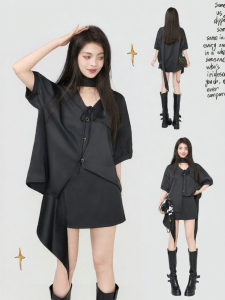 Keiko | Bộ Áo Sơ Mi Lụa Bóng Tay Ngắn Cổ V Thoáng Mát Mùa Hè 26