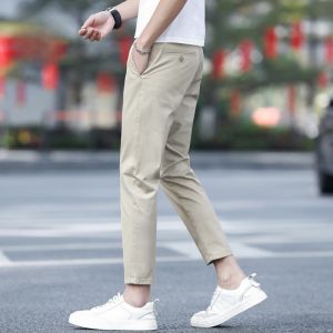 ROMON | Lormen Light Beige Casual Pants Men Summer Thin Pure Cotton Nine Points Slim Straight Ice Silk Long Trousers Fashionable Youth Style