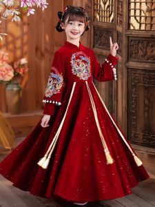 Girls Fleece Lined Dress Chinese New Year Visiting Dress Autumn Winter Middle Large Childrens Clothing Polyester Fiber A-Line Skirt