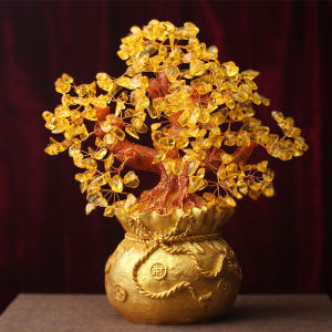 Yellow Crystal Tree Home Office Fengshui Ornament Lucky Money Trees Shop Mall Store Decoration Gift