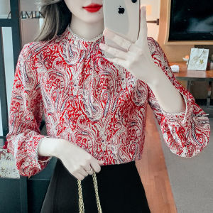 AMMIN เสื้อลูกไม้ตัดต่อ 2023 ฤดูใบไม้ร่วง เสื้อเบลาส์ แฟชั่น วินเทจ หน้าใบ การแขนชูด ยาวพิมพ์ ลายดอกไม้ หน้าผ้า เสื้อชีฟอง แค่เสื้อหรูหรา