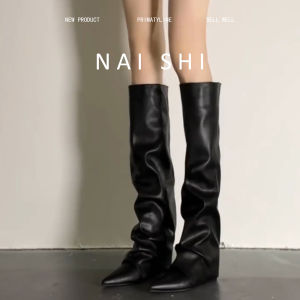 NAISHI | Wrinkled Black Over-the-Knee Block Heel Boots